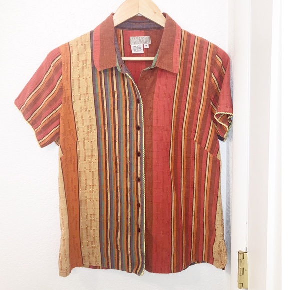 The Territory Ahead Tops - THE TERRITORY AHEAD Button Up Striped Top Red & Golds SZ: Medium